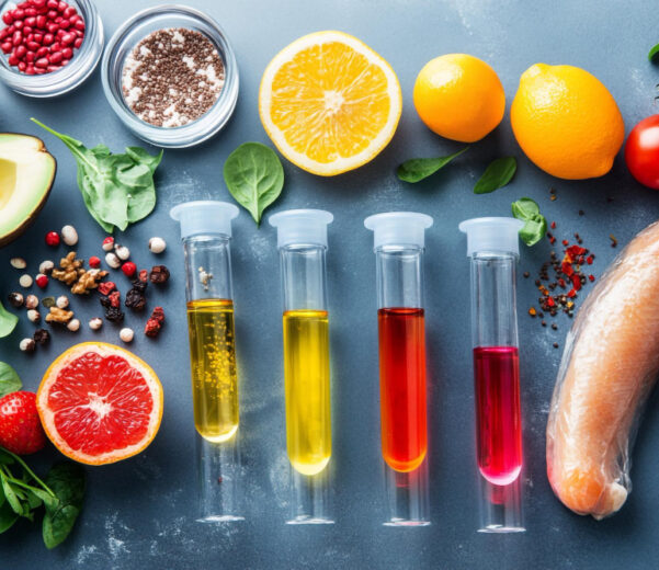 Provette da laboratorio con campioni colorati circondate da alimenti freschi come frutta, verdura e carne per analisi degli additivi alimentari.