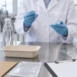 Tecnico in camice esamina una vaschetta trasparente accanto a cartone e film: verifica di conformità PPWR imballaggi alimentari in azienda