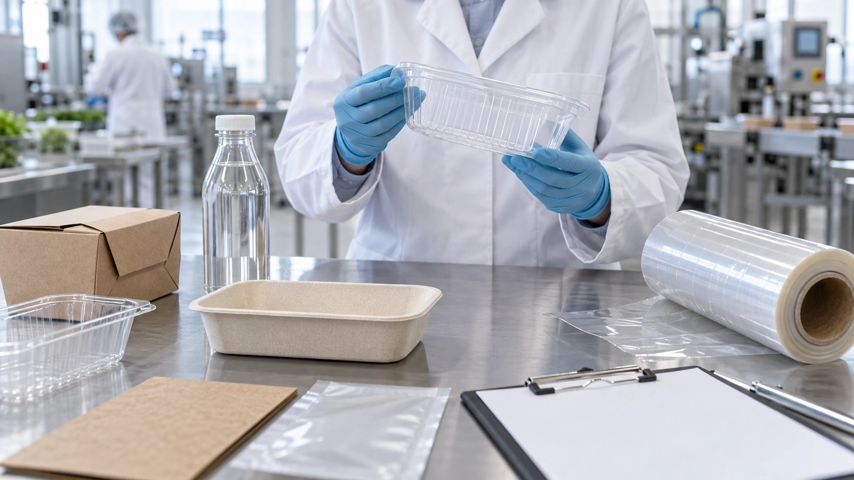 Tecnico in camice esamina una vaschetta trasparente accanto a cartone e film: verifica di conformità PPWR imballaggi alimentari in azienda