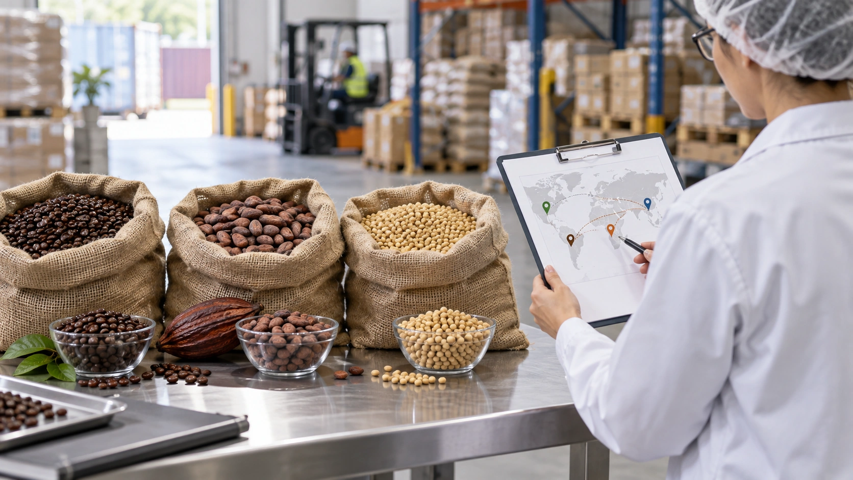 Responsabile qualità confronta la mappa delle forniture con sacchi di caffè, cacao e soia: verifica EUDR 2026 per le aziende alimentari