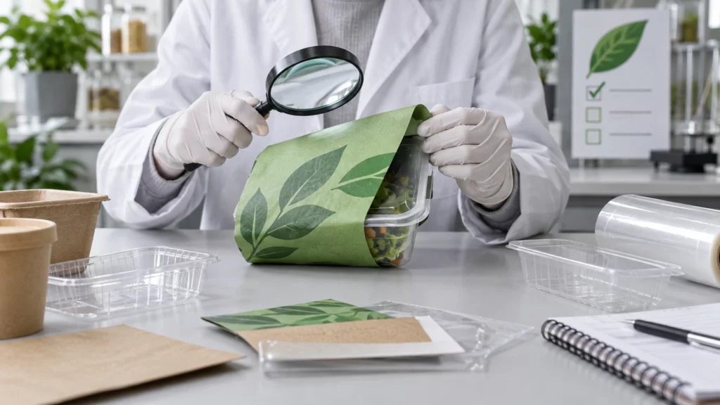 Tecnico osserva con una lente un involucro verde con foglie stilizzate: verifica dei claim ambientali contro il greenwashing nelle aziende