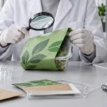 Tecnico osserva con una lente un involucro verde con foglie stilizzate: verifica dei claim ambientali contro il greenwashing nelle aziende